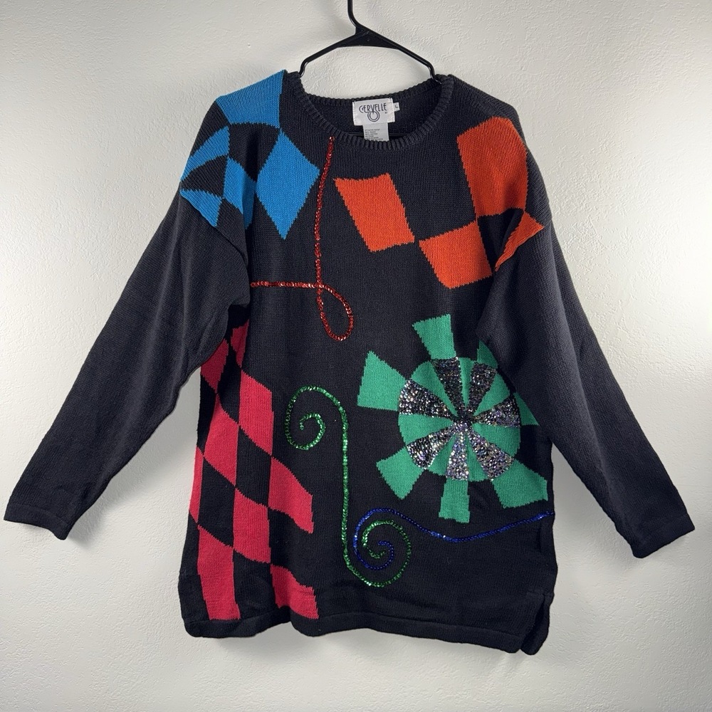 Vintage Sequin Sweater Large Black Abstract 80's 90's  Cervelle Ramie Cotton